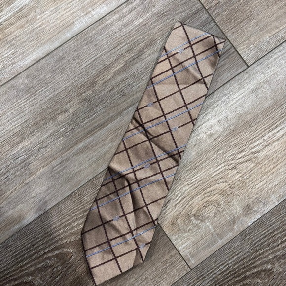 Gucci Mens Silk Tie Tan Brown Blue Plaid Rope Grid Interlocking G Made in Italy